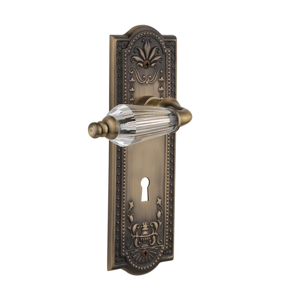 Nostalgic Warehouse MEAPRL Complete Mortise Lockset Meadows Plate with Parlour Lever in Antique Brass